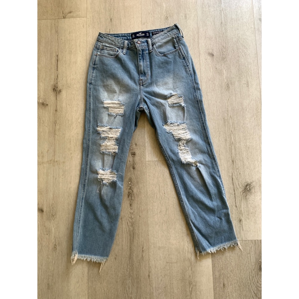 Hollister Ultra High Rise Mom Jeans 5S W27 L25 Distressed Light Wash Denim